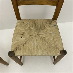 Pair early 20th century beech and elm chapel chairs with rush seats 
