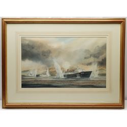 David C Bell (British 1950-): The MV Norland in the Falklands Conflict, watercolour signed 36cm x 61cm 
Notes: The Norland was a P&O 27,000 tonne roll-on/roll-off ferry  built in 1974 operating between Hull and Rotterdam Europoort, Netherlands, and then Zeebrugge, Belgium. During the Falklands War, the Ministry of Defence requisitioned the Norland to be used as a troopship in the Task Force sent to retake the Falkland Islands. The Norland was among the ships to enter San Carlos Water during the amphibious landings of Commandos and Paratroopers, Captained by Donald Ellerby CBE. The ship survived attack from the Argentine Air Force, and at the end of the war repatriated the defeated Argentine troops back home, alongside the Canberra.