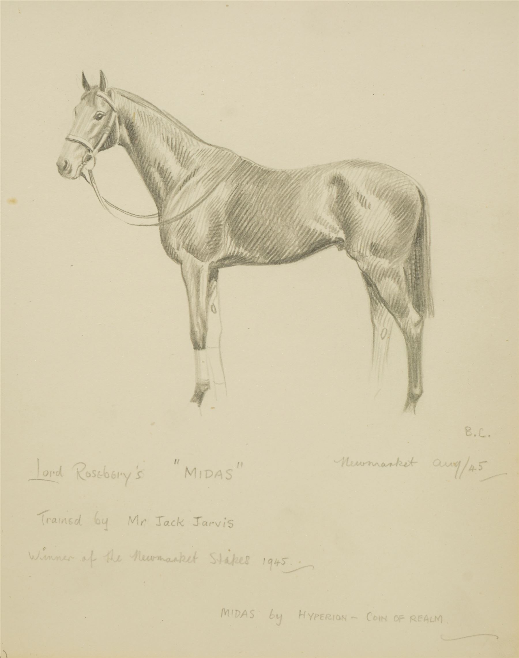 Joseph Appleyard (Yorkshire 1908-1960): Horses 'Midas' 'The Yuvaraj' and 'Senor Brume', set of three preliminary pencil sketches unsigned, variously inscribed 22cm x 17cm (3)