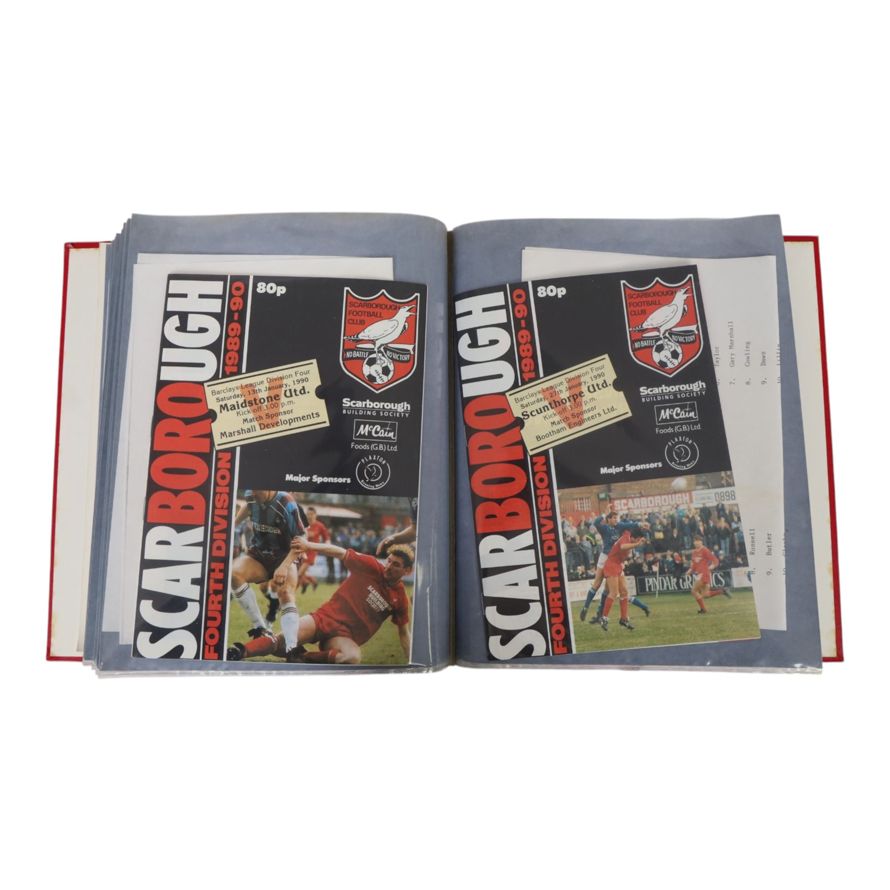 Comprehensive collection of approximately one-hundred and ninety Scarborough FC football programmes for the 1979/80, 1980/81 and 1981/82, 1982/83 seasons, all filed within eight dedicated Scarborough FC red Home and Away binders