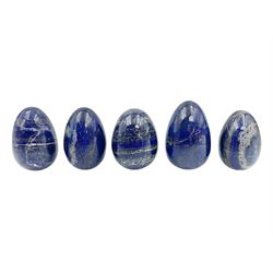 Collection of five Lapis lazuli specimen eggs, largest egg H7cm