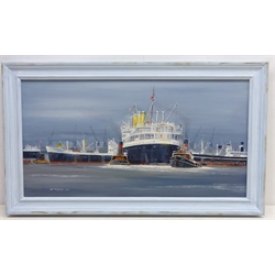  'Shipping in London Docks', oil on board signed and dated 2000 by Bill Wedgwood, titled verso 32cm x 60cm  