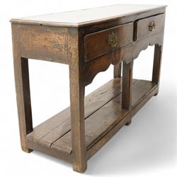 18th century oak dresser base, moulded rectangular top over two drawers and shaped apron, moulded drawer fronts fitted with shaped brass handle plates and swan neck handles, on chamfered square supports united by pot board base 