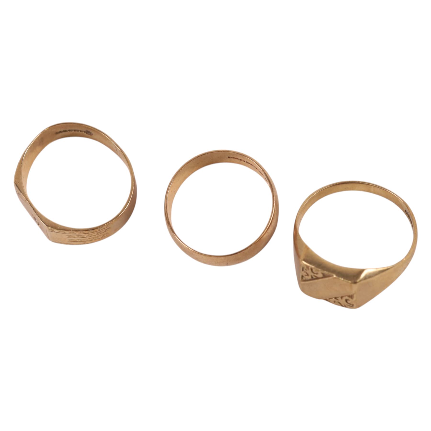 Three 9ct gold rings, comprising two signet rings, one set with diamond chip and a wedding band, all hallmarked 