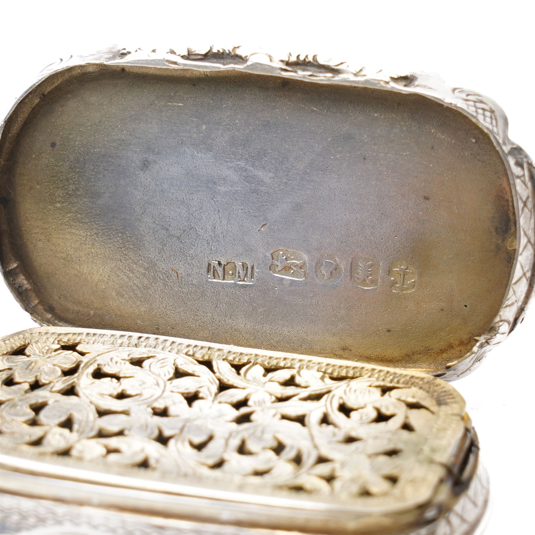 Victorian silver castle top vinaigrette engraved with a scene of Folkestone Harbour, hinged grille Birmingham 1846 Maker Nathaniel Mills