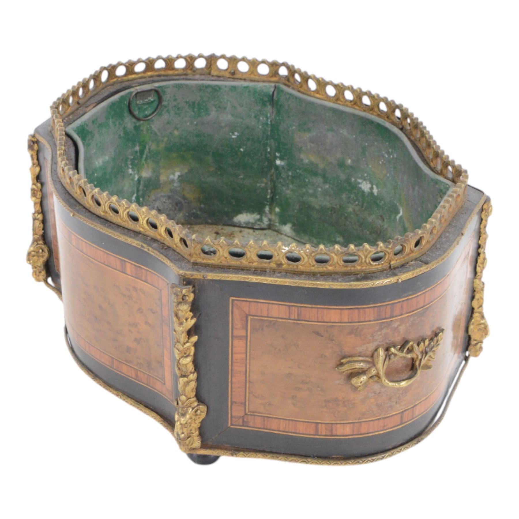 19th century French gilt metal mounted ebonised, kingwood and birdseye maple table jardinière, of serpentine form upon four compressed bun feet, with lift out metal liner, H15cm W33cm D24cm