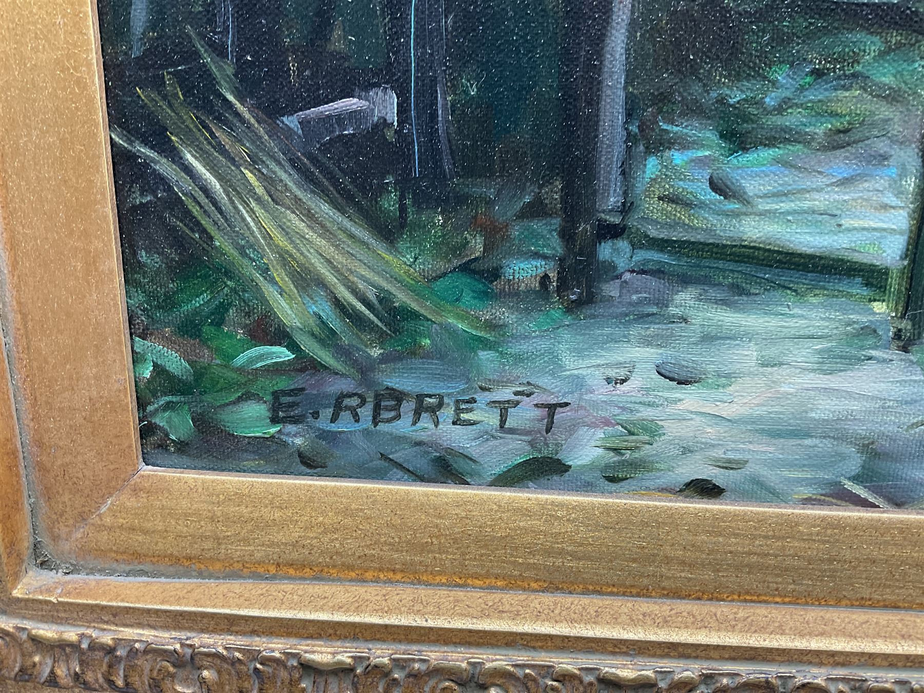 E R Brett (Continental 20th century): French Market Scene, oil on canvas signed 60cm x 90cm in heavy ornate gilt frame