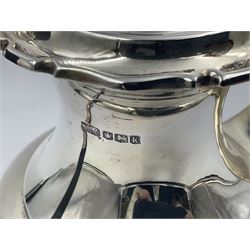 1920s five-piece silver tea service, comprising teapot, coffee pot, hot water pot, twin handled open sucrier and milk jug, each of squat circular form with shaped rim, the teapot, coffee pot and hot water pot each with ebonised handle and finial, the sucrier and milk jug with acanthus capped scroll handles, all upon circular foot, hallmarked R F Mosley & Co, Sheffield 1926 & 1927, tallest H24cm