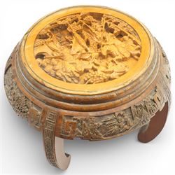 Chinese carved hardwood low table, with oriental carvings of warriors and foliate beneath ...