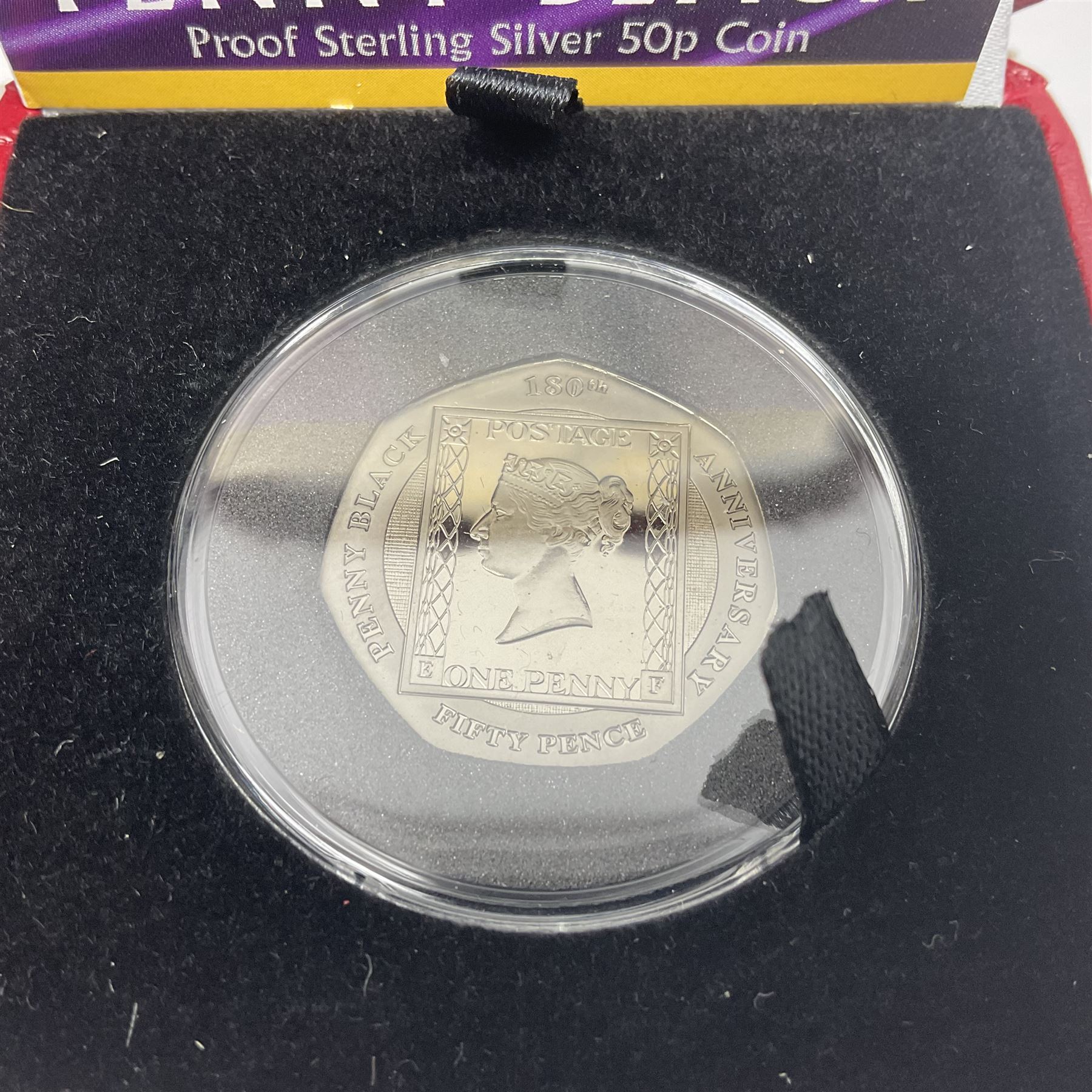 Six Queen Elizabeth II silver proof coins, comprising Government of Niue 2018 ‘The Flanders Remembrance Poppy’ two dollars, Solomon Islands 2020 ‘80th Anniversary of the Battle of Britain’ five dollars, Alderney 2019 ‘The 75th Anniversary of D-Day’ five pound, Alderney 2019 ‘Remembrance Day’ five pound, Bailiwick of Jersey ‘Prince Philip 70 Years of Service’ five pound, Pobjoy Mint Gibraltar 2020 ‘Penny Black’ fifty pence coin, with further Pobjoy Mint Gibraltar 2020 proof sterling silver piedfort ‘Penny Black’ fifty pence coin, all boxed with certificates