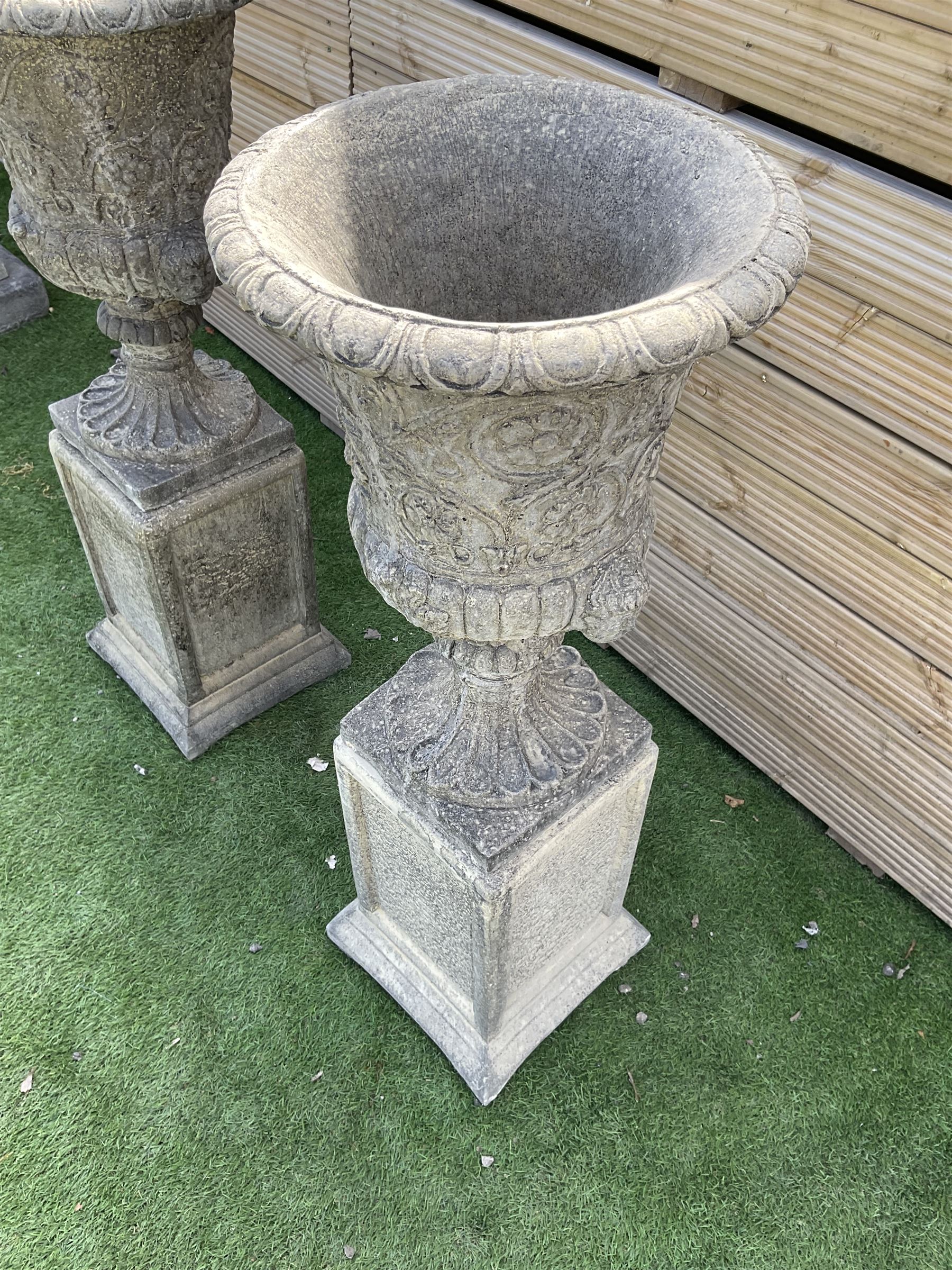 Pair of ornate Victorian style urns on plinth base, D40, H105 - THIS LOT IS TO BE COLLECTED BY APPOINTMENT FROM DUGGLEBY STORAGE, GREAT HILL, EASTFIELD, SCARBOROUGH, YO11 3TX