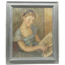 Constance Anne Parker (British 1921-2016): Portrait of a Young Girl Reading, oil on canvas unsigned 60cm x 48cm