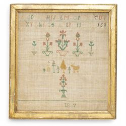 Early 19th century alphabet sampler by Sarah Beetham, with verse 'Sarah Beetham worked thif sampler in the 9 year of her age', together with two other early samplers, one by Eliza Popple of Gosberton, dated c. 1847, worked with alphabet, foliate and deer motifs, largest 32cm x 29cm (3)