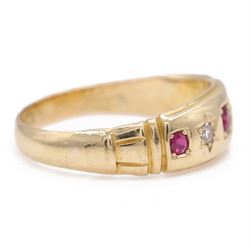 Victorian gold ruby and diamond gypsy ring, three round cut rubies spaced by two star set round cut diamonds, stamped 18ct