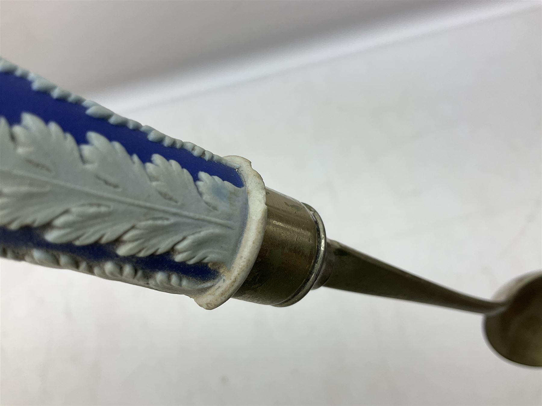 Wedgwood blue Jasperware salad bowl with silver plated collar and matching servers, bowl D22.5cm