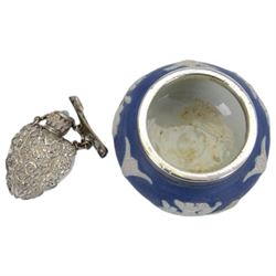 Blue guilloche enamel decorated travel dressing table set, housed in a blue carry case, together with a pair of silver plated shell salts with matching spoons, Wedgwood Jasperware salt with silver top, hallmarked and other cabinet items 