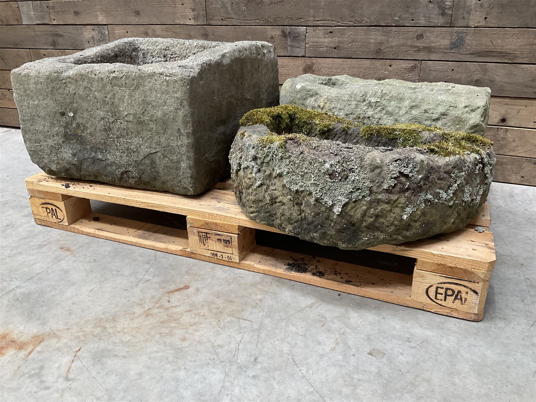 19th century square stone trough, D shaped trough and a small rectangular trough