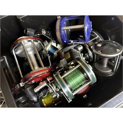 Collection of mostly sea fishing reels, including Mitchell Riptide, Shakespeare Sea Wolf, Daiwa Sealine, Abu Garcia Ambassadeur XLT 1 Synchro , in two boxes