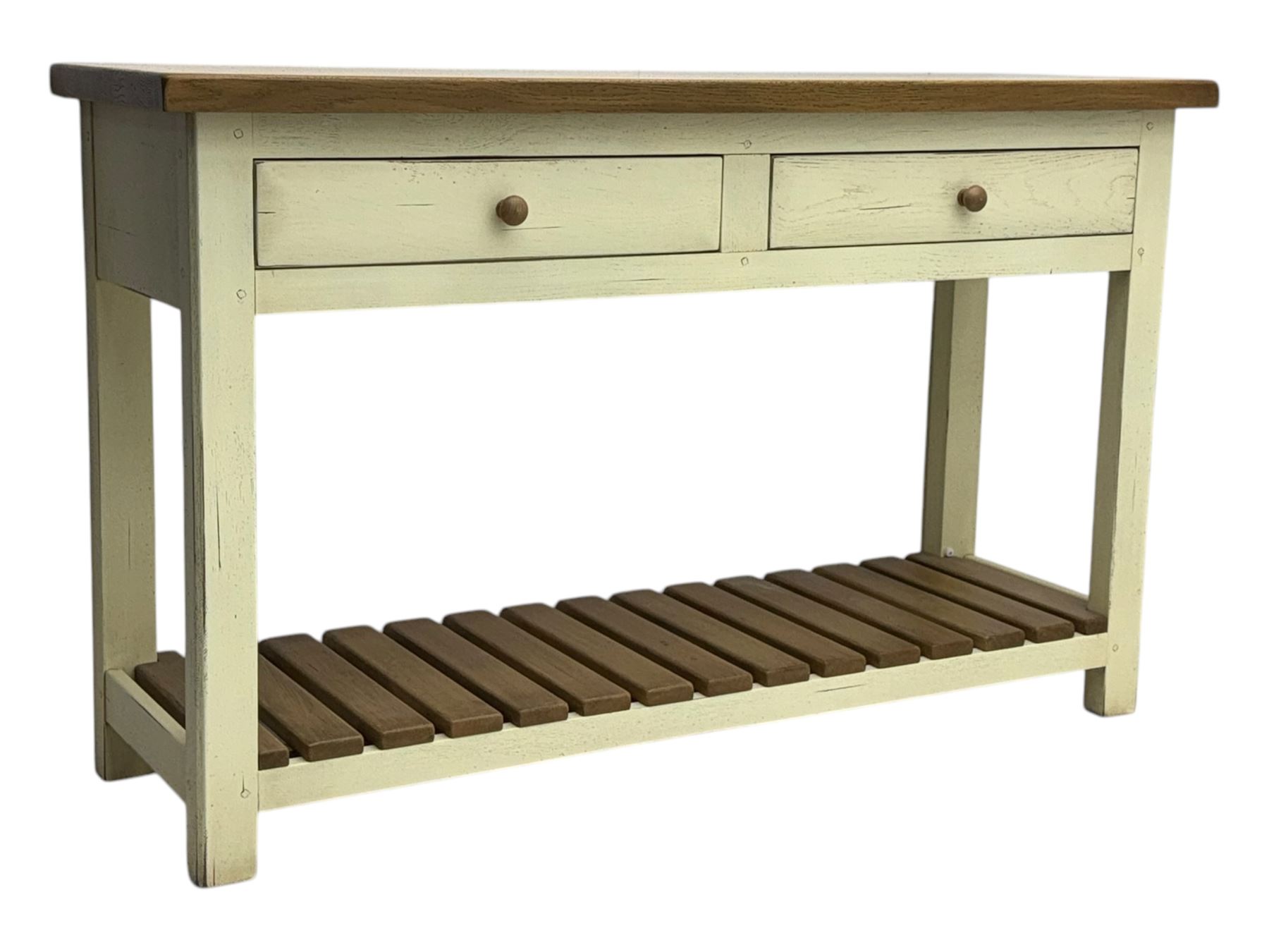 Fired Earth - contemporary Bastide style console table, oak top over cream painted frame fitted with two drawers and turned wooden handles, above a slatted oak undertier, raised on square supports