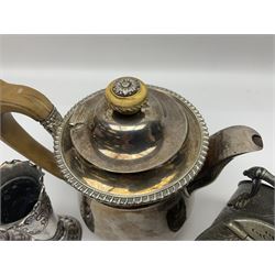 19th century silver plated coffee pot, of bellied form with fruitwood handle and finial, together with a silver plated novelty sugar bowl i the form of a coal scuttle and a pair of silver plated embossed vases, coffee pot H20cm