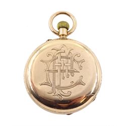 Edwardian 9ct rose gold open face, ladies keyless lever pocket watch by Marsh & Co, Birmingham, no. 1451, white enamel dial with Roman numerals, back case engraved with initials, case makers mark W.S, Chester 1902