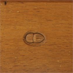 Acorn Industries - oak dining table, rectangular top with rounded corners and chamfered edge, raised on twin lyre-shaped supports united by pegged stretched on sledge feet, carved with acorn signature to stretcher, by Alan Grainger, Brandsby
