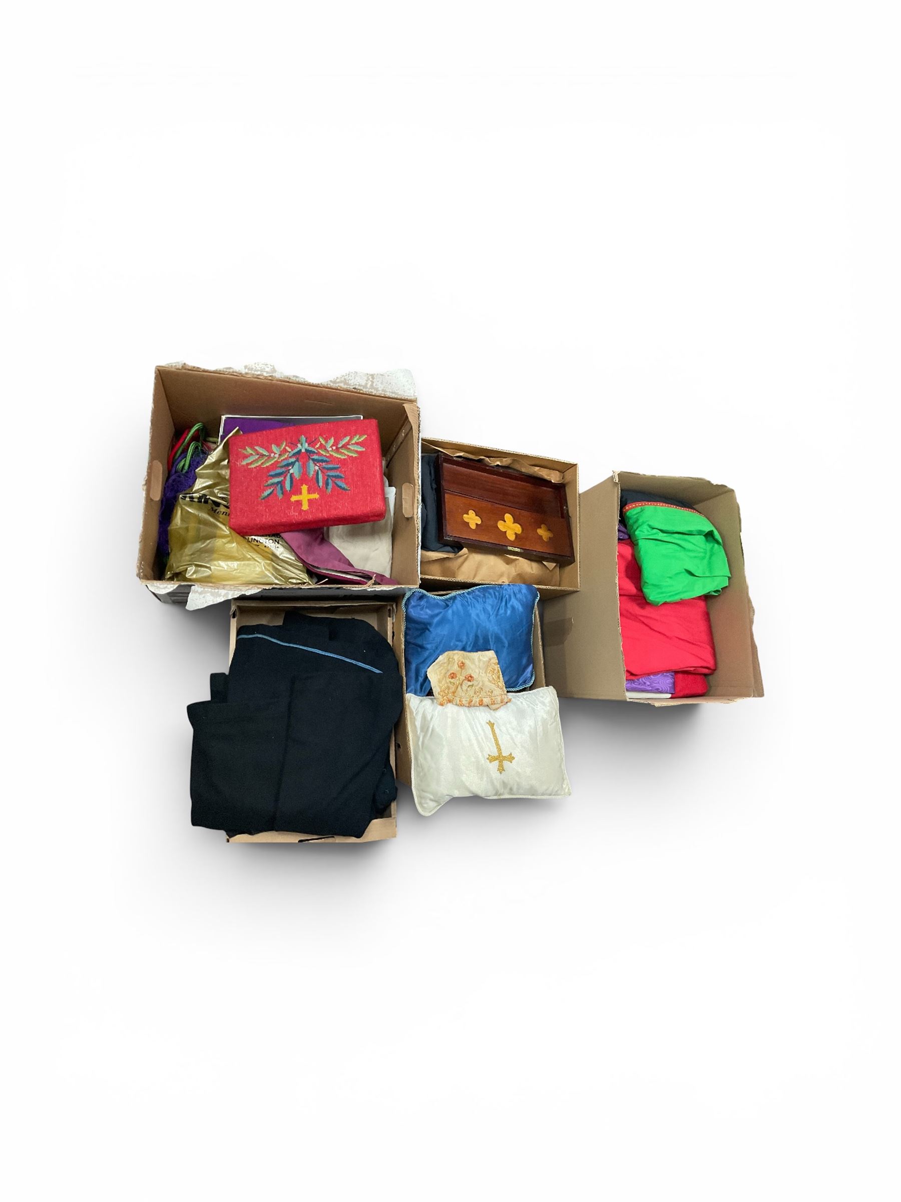Large collection of Masonic and ecclesiastical Regalia, including aprons, sashes, cushions etc