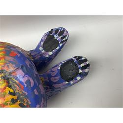 Helen Skelton (British 1933 – 2023): Two carved wooden abstract sculptures, one modelled as a dog, the other modelled as a bear, both with painted stippled decoration, largest H20cm. Born into an RAF family in 1933 in Kent and travelled the world extensively during her childhood. After settling in Bridlington, Helen immersed herself in painting, textiles, and wood sculpture, often inspired by nature's beauty. Her talent was showcased in a one-woman show at Sewerby Hall and recognised with the sculpture prize at Ferens Art Gallery in 2000. Sadly, Helen’s daughter passed away from cancer in 2005. This loss inspired Helen to donate her sculptures to Marie Curie upon her passing in 2023.