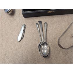 Group of silver, comprising mustard pots, open salts, napkin ring, spoons, sugar tongs and fruit knife, all stamped or hallmarked 