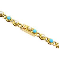 Early 20th century gold split pearl and turquoise necklace, stamped 15ct, in velvet and silk lined box by London & Ryder, New Bond Street