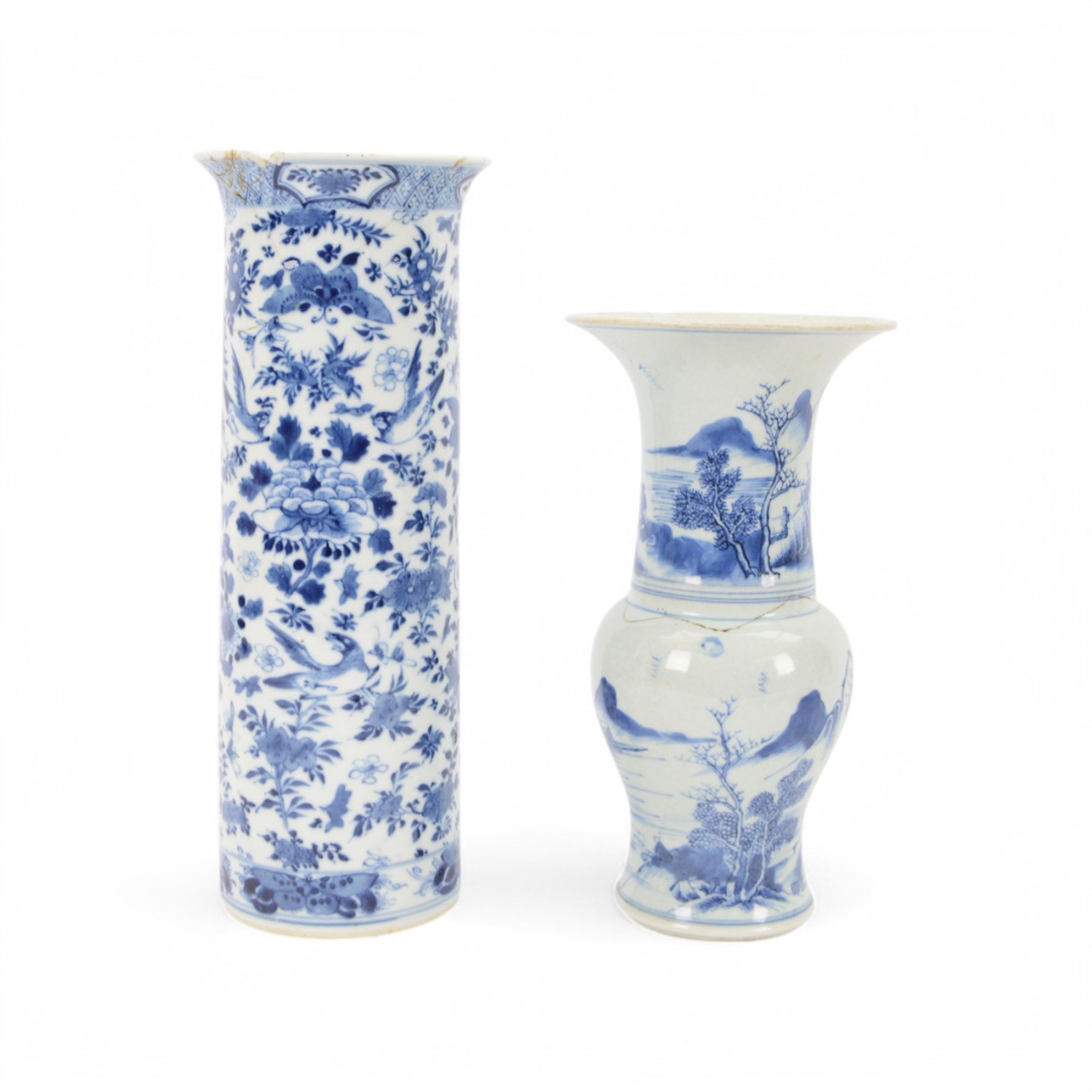 Chinese blue and white yenyen vase, decorated with fisherman in a village landscape, together with vase of cylindrical form decorated with birds amongst peonies, largest H36cm 
