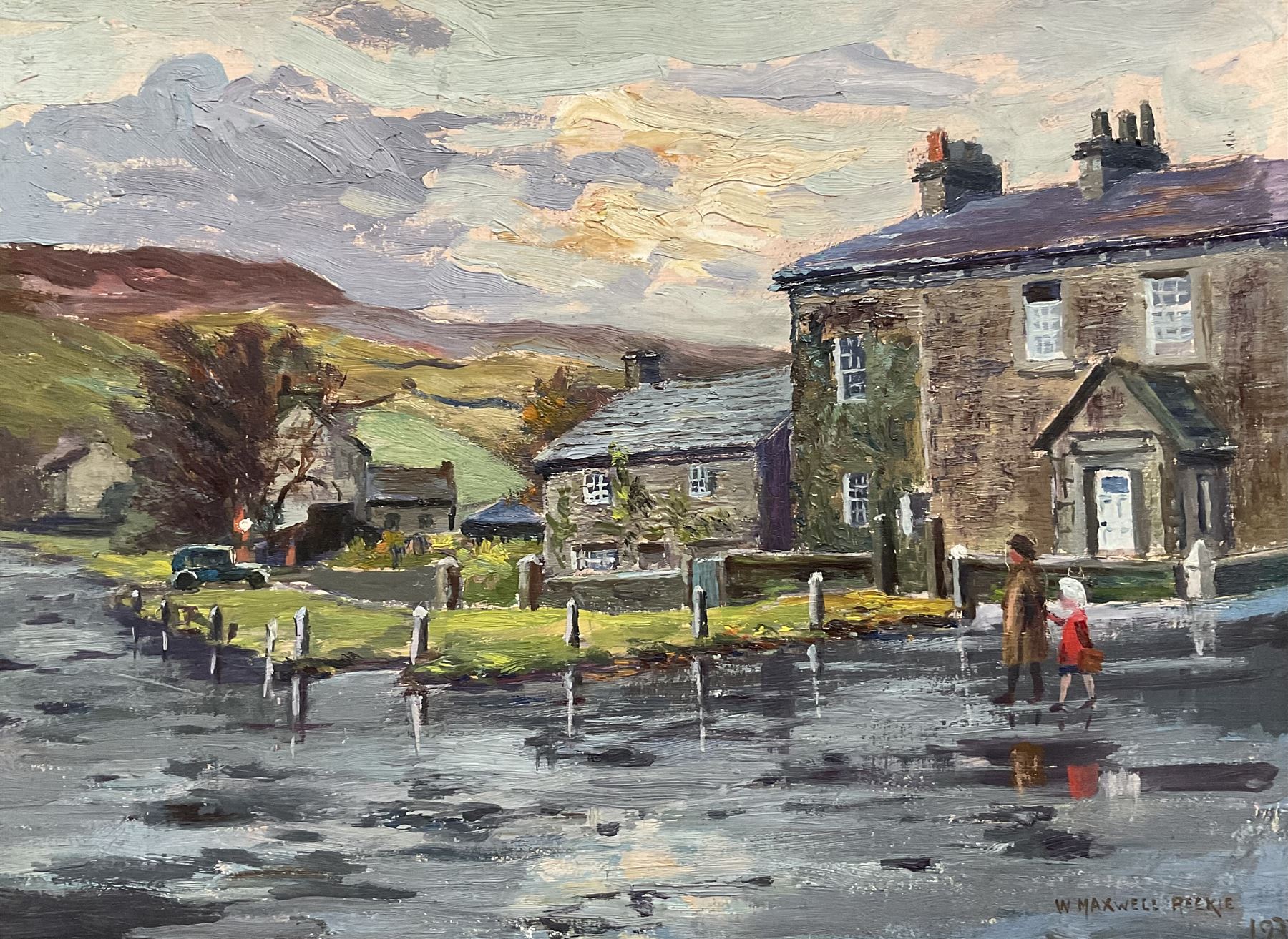 William Maxwell Reekie (British 1869–1948): 'A Wet Day - Burnsall', oil on board signed and dated 1937, indistinctly inscribed verso 29cm x 39cm 