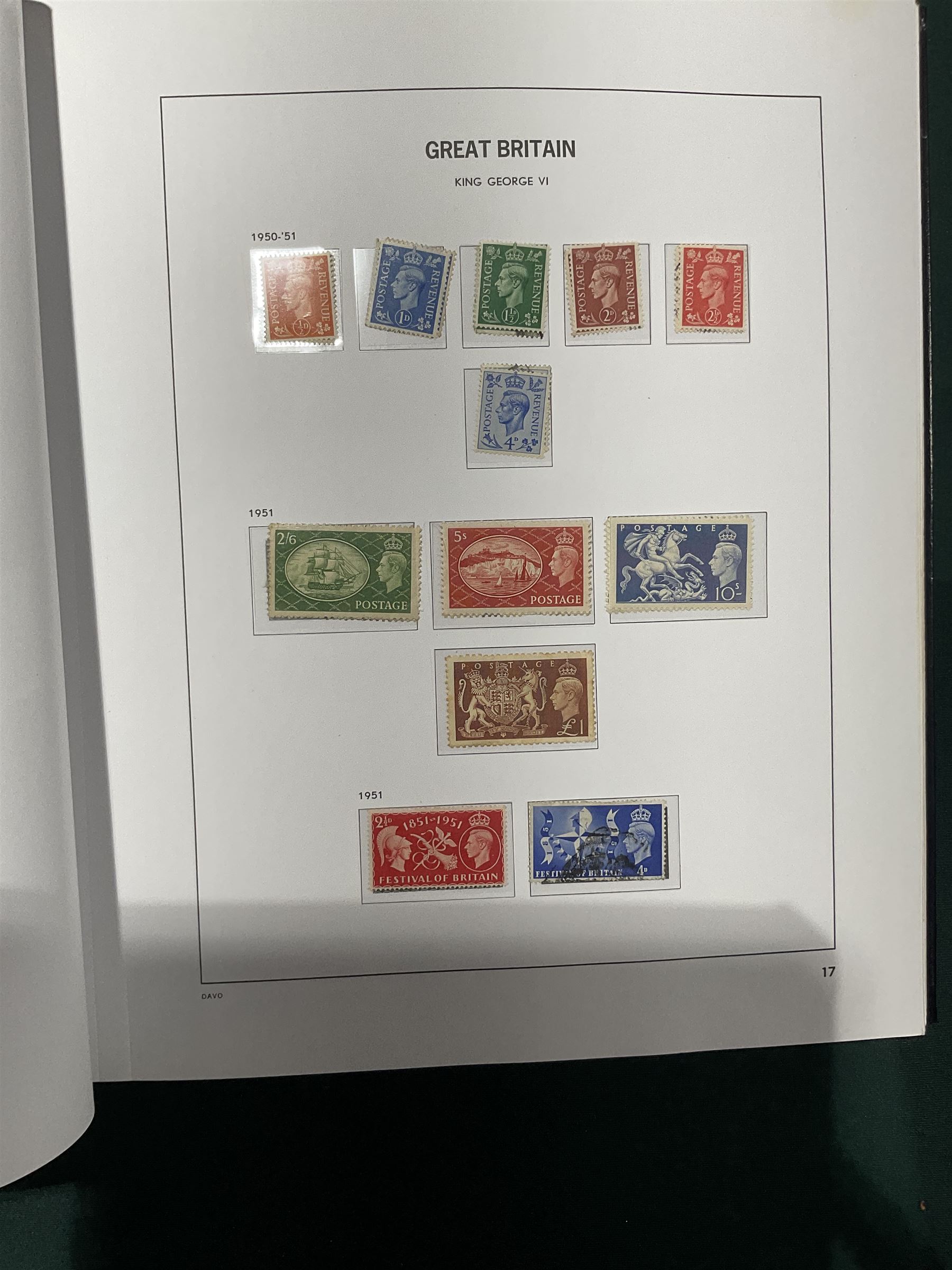 Extensive single album collection of Great British Queen Victoria and later stamps, including QV penny black with three margins, 1840 two pence blue, perf two pence blues with white lines added, QV one pound brown lilac, QV one pound green, King George V seahorses, 1929 Postal Union Congress one pound black, King George VI 1939-48 set of six with ten shillings dark blue, Queen Elizabeth II pre-decimal issues, housed in a Stanley Gibbons Great Britain 2001 album, a well presented collection with few ommissions