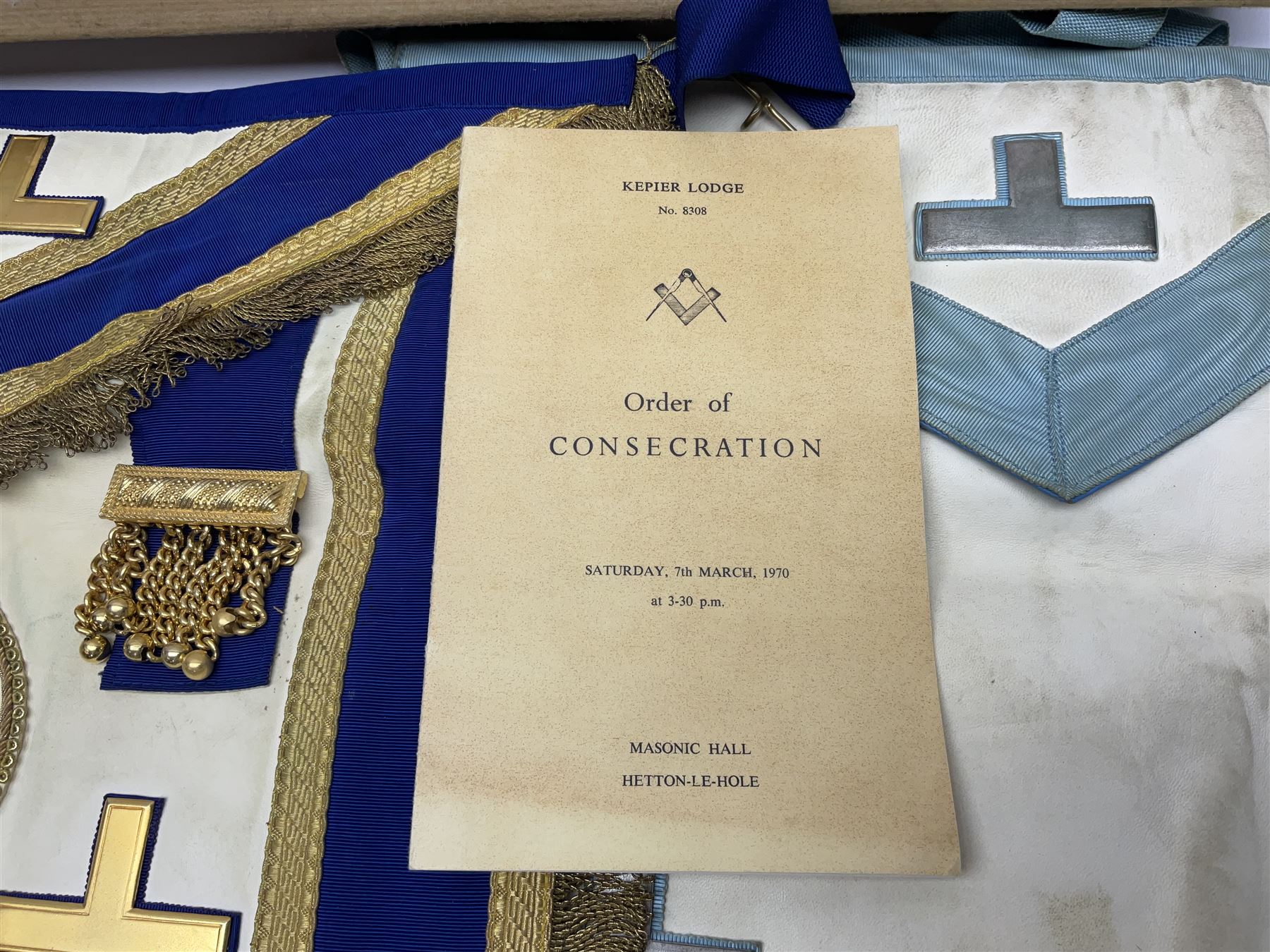 Masonic regalia, including silver gilt St Nicholas Lodge jewel, hallmarked, a plated Royal Masonic Institution for Girls jewel, sash and kid leather apron etc