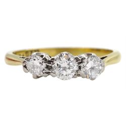 Gold three stone round brilliant cut diamond ring, stamped 18ct Plat, total diamond weight approx 0.50 carat