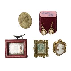 Lava cameo, cameo brooch and pair of cameo style earrings, framed King George VI 12 May 1937 postage stamp and a framed Queen Victoria halfpenny stamp