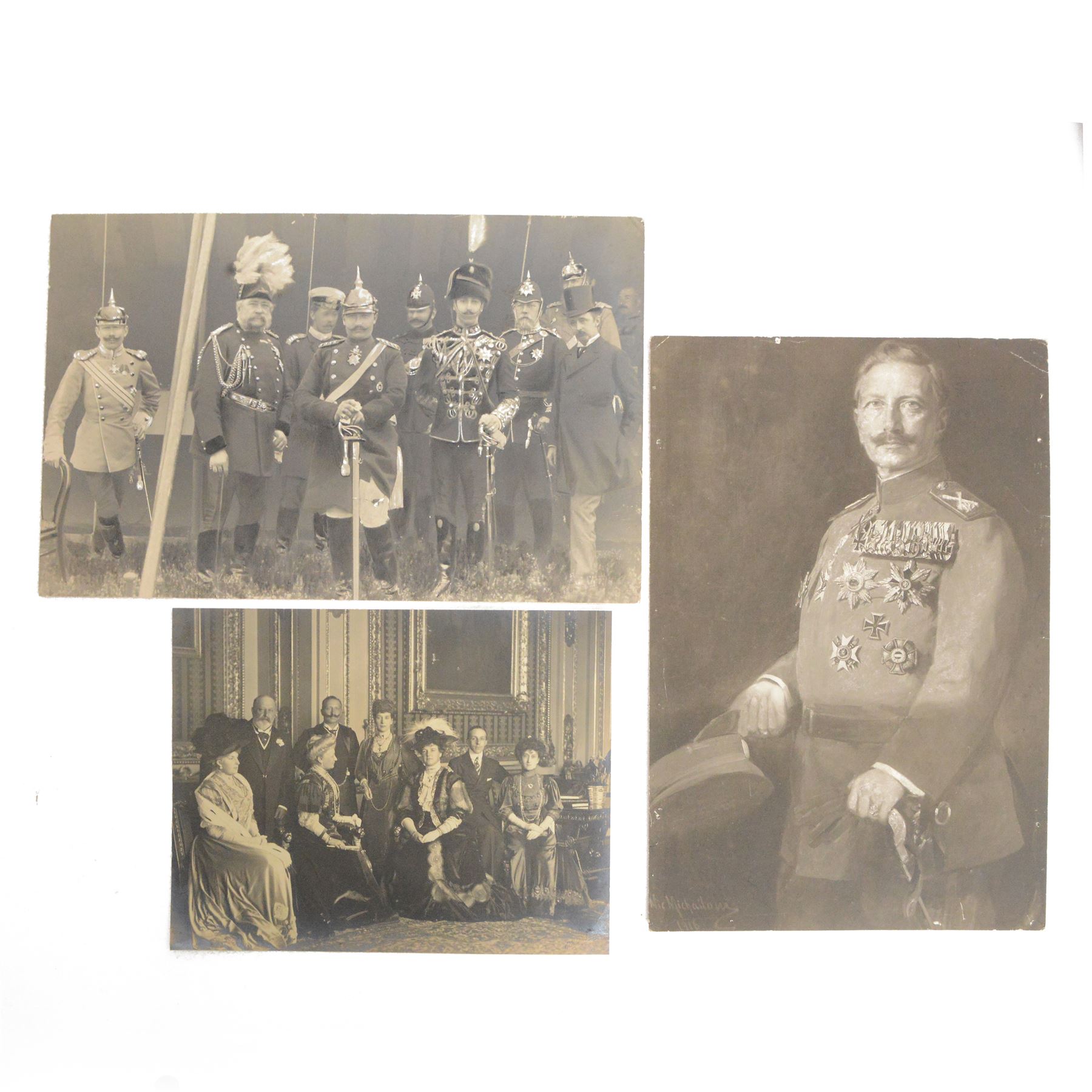 Two photographs of the Kaiser, the first of the Kaiser with Edward VII and ladies, the second of the Kaiser at Aldershot together with portrait picture of the Kaiser

