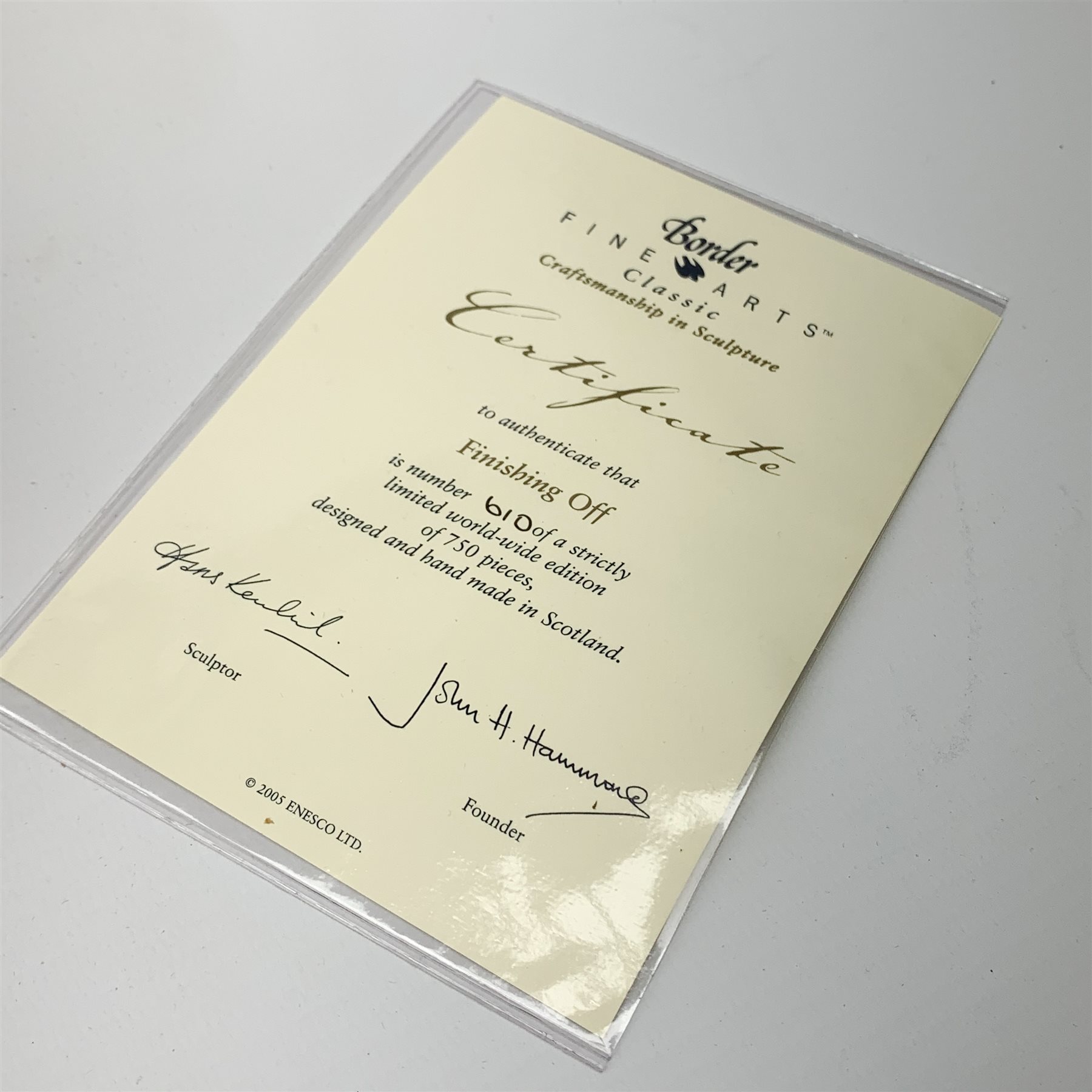 A limited edition Border Fine Arts figure group, Finishing Off, model no B0947 by Hans Kendrick, 610/750, on wooden base, figure L24cm, with accompanying certificate. 