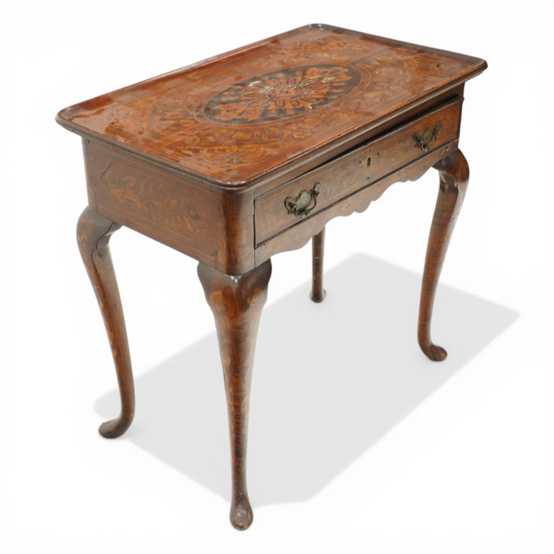 18th century Dutch marquetry side table, rectangular tray top decorated with floral inlays, fitted with a single cock-beaded drawer over shaped apron, raised on cabriole supports with pad feet