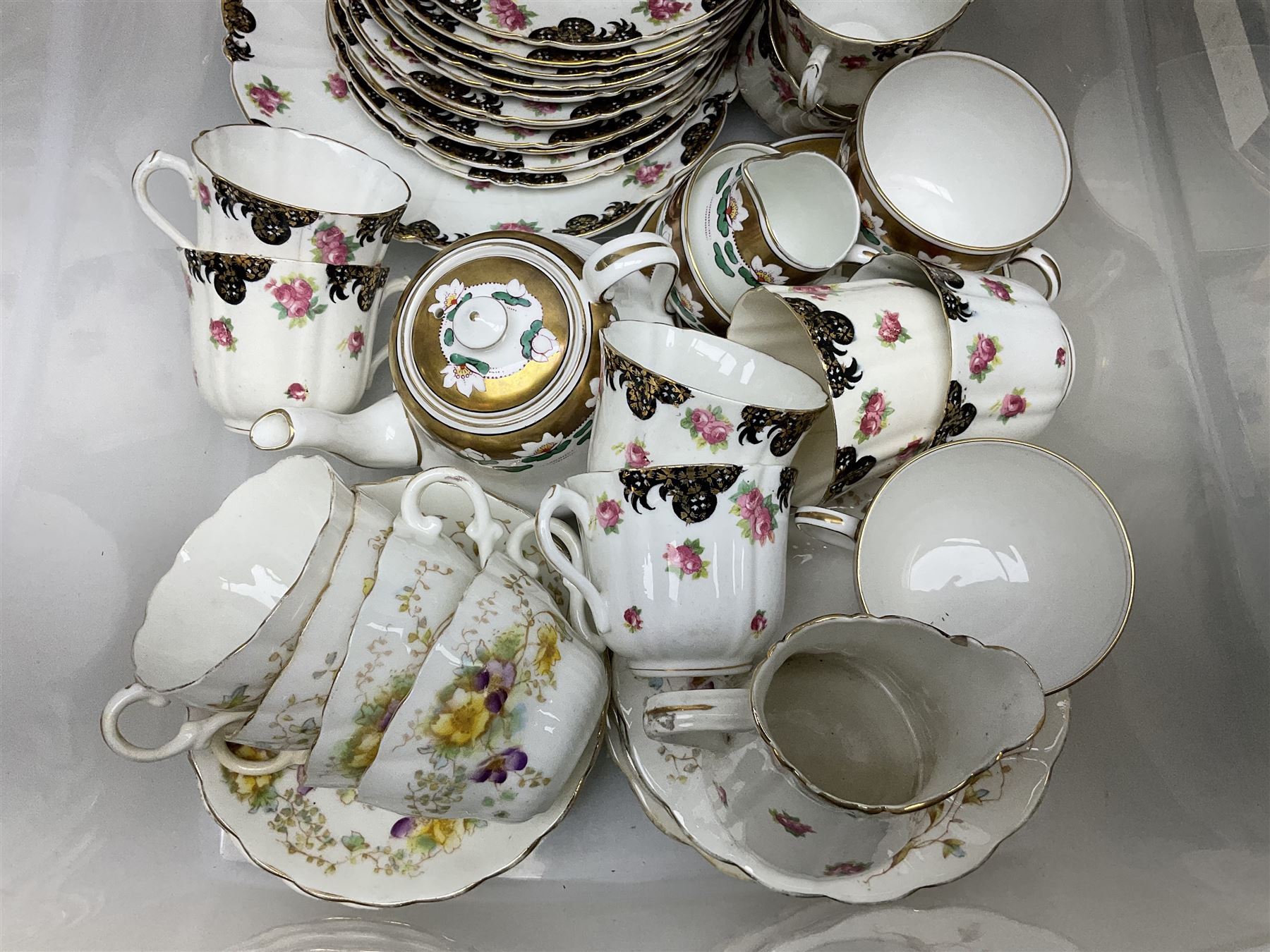 Royal Cauldon Victoria pattern dinner wares to include lidded tureen, dinner plates and twin handled soup bowls, together with Bisto and Blairs tea wares, cased fish slice and fork, silver plated metalware etc in two boxes