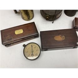 Three hydrometers, including examples by Allan and Clarke, all boxed, together with a blow torch, air sprayer, burned and a pressure gauge