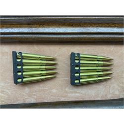 WW2 Lee Enfield No.4 Mk.1 .303 bolt-action rifle with hinged butt compartment, made by SA Ltd., Long Branch, Canada 1942, serial no.5L0646 L113cm; mounted on a framed display board with No.4 Mk.II spike bayonet, No.9 Mk.1 blade bayonet, two inert 5-round clips and brass biographical plaque by Antler Military Originals detailing DA Cert No.C3444 OLD STYLE DEACTIVATION SO FIREARMS CERTIFICATE REQUIRED OR RFD