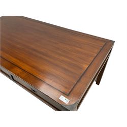 20th century military campaign design oak office or dining table, rectangular top with ebony banding and metal mounted corners, fitted with six drawers with recessed handle plates, on square tapering supports