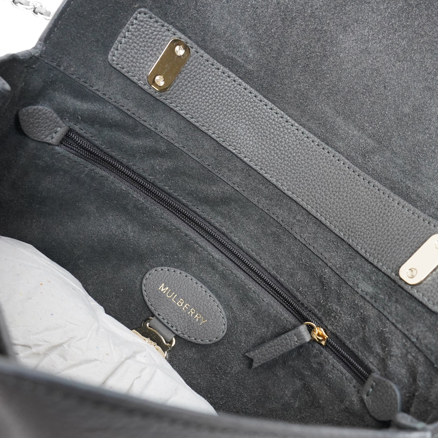 Mulberry - Medium Lily shoulder bag in Mole Grey Grainy Calf leather, the softly structured body with flap top, gold-tone Postman’s Lock fastening, hanging leather clochette and leather-woven chain shoulder strap, with original Mulberry product tag and dust bag