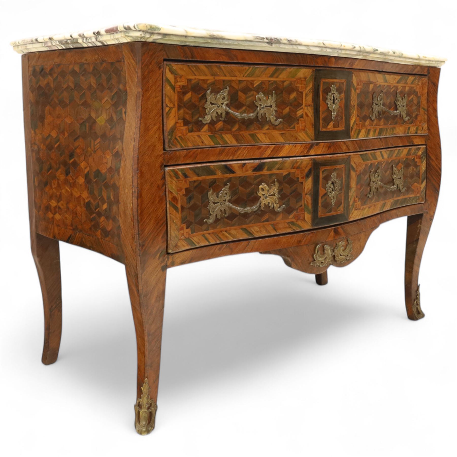 Late 18th-century Louis XV kingwood marquetry commode, rectangular top with original serpentine Breche marble top, above two long crossbanded drawers with rococo style gilt bronze handles and escutcheons in marquetry framed panel in various woods, shaped and centered apron with gilt bronze foliate mounts, sides and drawer fronts with cube geometric marquetry design, on slender cabriole legs with gilt bronze sabots  
