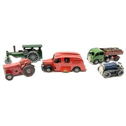 Five Tri-ang Minic tin-plate clockwork vehicles comprising Steam Roller, Minic Brewery Dray wagon with six barrels, incomplete fire-engine, tractor and caterpillar tractor; all unboxed (5)