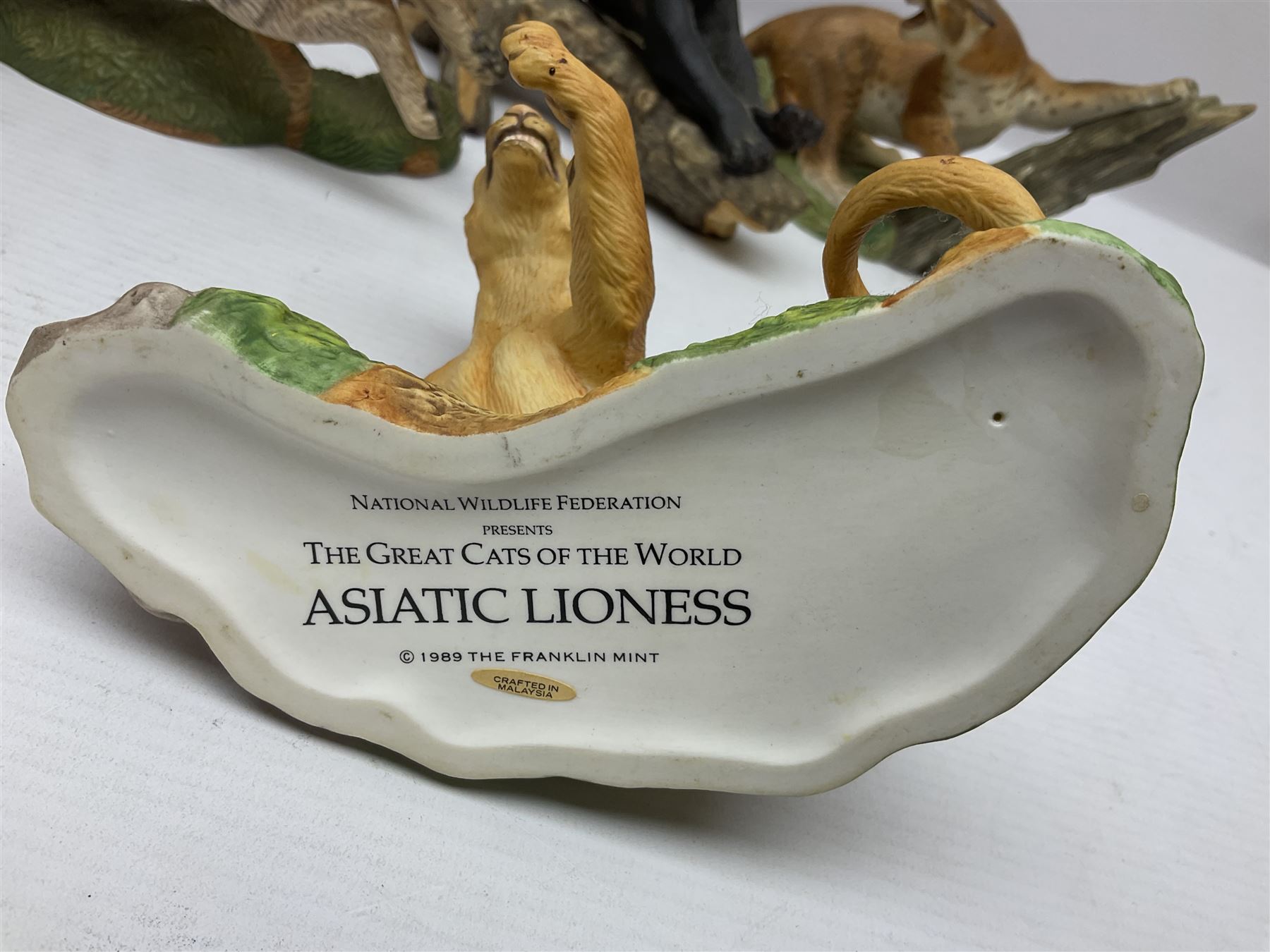 Ten Franklin Mint National wildlife Foundation Big Cats of the World figures to include, White Bengal Tiger, Jaguar, Cougar, Cheetah, Clouded Leopard etc, with display stand