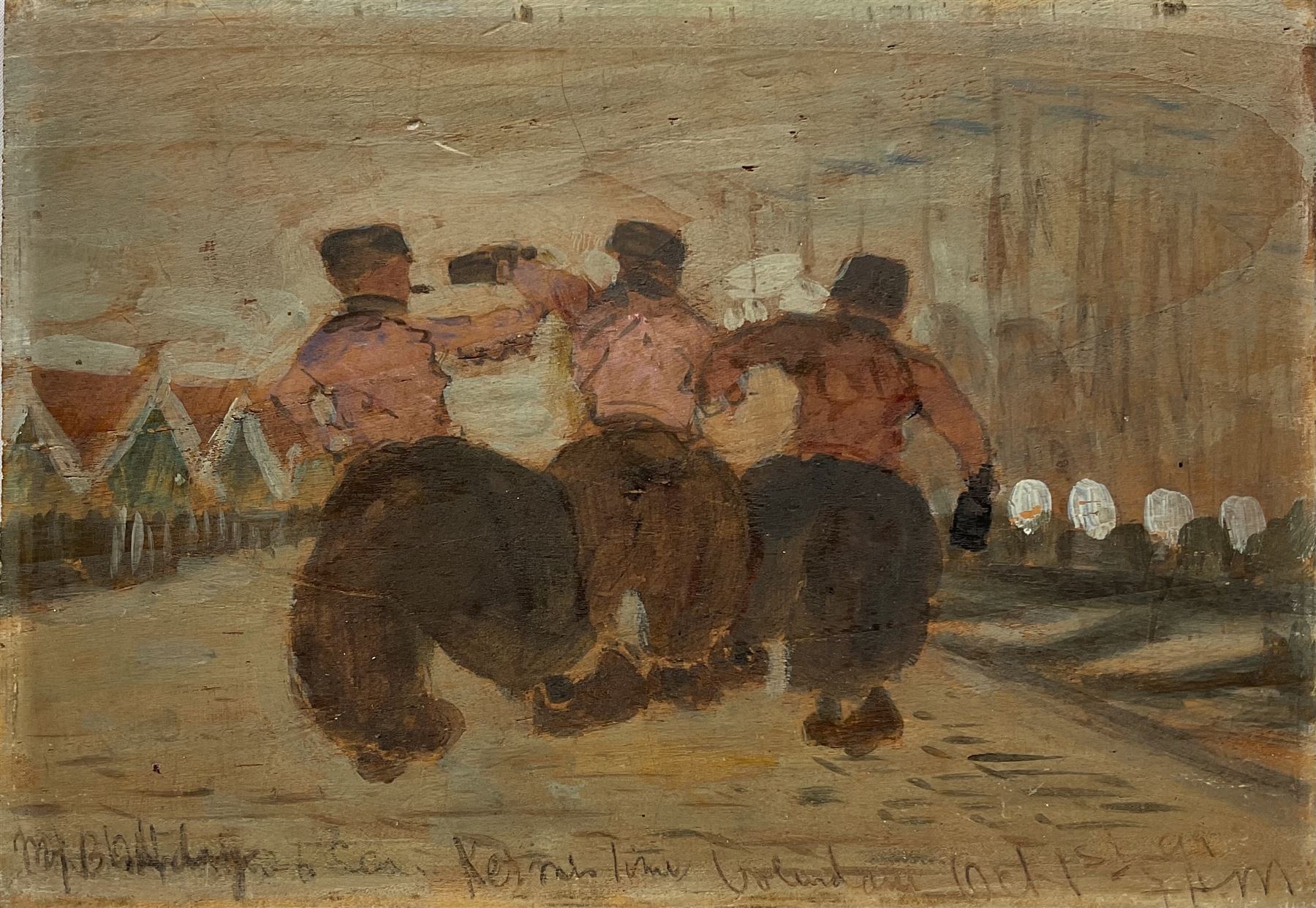 Frank Henry Mason (Staithes Group 1875-1965): 'The Way We Spent My Birthday' - Kermis Time Volendam 1st October 1899, oil on panel signed with initials inscribed and dated, further title and inscription 'Phil May Frank Mason & Tom Brown' verso 18cm x 25cm
Provenance: from the estate of Christine Dexter and by descent from the artist's sister Eleanor Marie (Nellie)
In 1898 & 1899 Mason spent quite sometime in Holland at the artist's colony in Volendam centred on the Hotel Spaander, an artist friendly atelier run by Leendert Spaander. Here Mason circulated with an international group of artists including the caricaturist Phil May and illustrator Tom Brown (both illustrated). In March 1899 he took he took his new bride Edith for their honeymoon visiting Rotterdam, Katwijk then on to Volendam in June extending to his birthday on the 1st October coinciding with the boisterous festival of Kermis . Illustrated in Frank Henry Mason - Marine Painter and Poster Artist by Edward Yardley pub. Colley Books 2015 pp.15