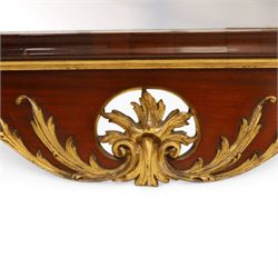 Large George III mahogany wall mirror, parcel gilt shaped frame with scrolling acanthus, shell and foliate decoration, surmounted by carved gilt ho-ho bird, rectangular mirror plate within moulded border, shaped apron with gilt scroll terminals, removed from a Scottish country estate