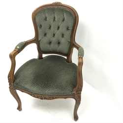 French style walnut framed armchair, carved shaped cresting rail, buttoned upholstered back seat and arms, cabriole legs, W64cm